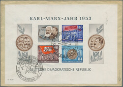 1953, 10-84 Pf Karl-Marx-Block ungezähnt, rückseitig auf ...