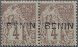 1892, "BENIN" handstamps, 4c. purple-brown, type IV, horizontal pair, ...