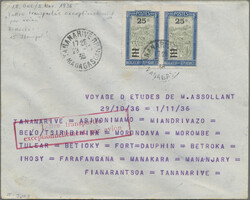 1936, vertical pair of 25 C overprint provisionals on cover featuring ...
