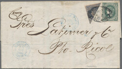 1864, Puerto Rico, 1r. blue on salmon, diagonally bisected, in ...
