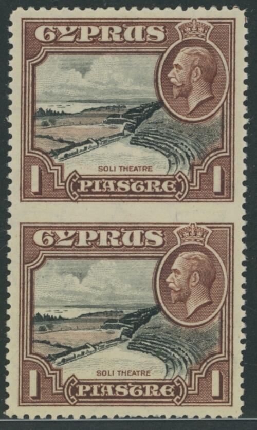 Cyprus. 1934 1pi. black and red-brown vertical pair, variety ...