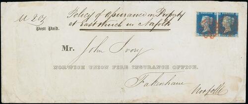 Great Britain. 1840 Two Pence Blue. Plate 1. CG-GH horizontal pair, ...