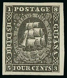 British Guiana. 1860 Ship 4c. imperforate plate proof in black, large ...