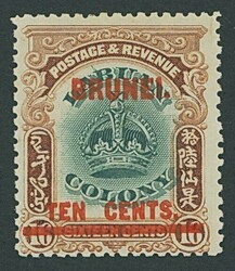 Brunei. 1906 10c. on 16c. green and brown, variety line through 'b', ...