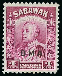 Sarawak. 1945 BMA 4c. bright purple, variety overprint double, one ...
