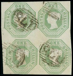 Great Britain. 1847-54 Embossed. 1/- pale green Die II block of four ...