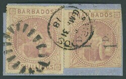 Barbados. 1878 (28 Mar.) 1d. on half 5/- dull rose, unsevered pair ...