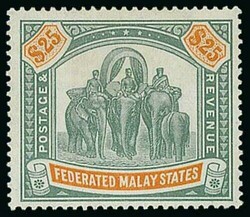 Malaya. Federated Malay States. 1900-01 CC $25 green and orange, ...
