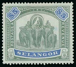 Malaya. Selangor. 1895-99 CC $3 green and ochre, $5 green and blue ...