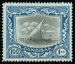 Zanzibar. 1913 100r. black and blue, large part original gum; fine. ...