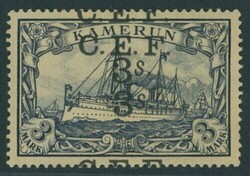 Cameroon. 1915 (12 July). 3/- on 3m. violet-black, variety surcharge ...