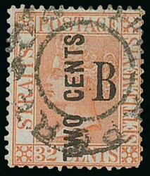 British Post Office in Siam (Bangkok). 1883 Surcharges. "two cents" ...