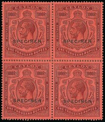 Ceylon. 1912-25 MCA 1,000r. purple on red block of four (two ...