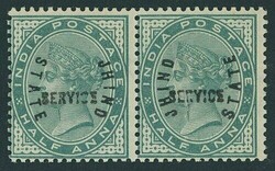 Indian Convention States. Jind. 1885 ½a. blue-green horizontal pair, ...