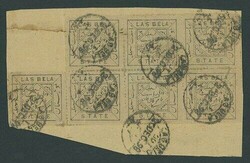 Indian Feudatory States. Las Bela. 1897-98 ½a. black on white uneven ...