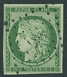 France. . 1849-52 First Issue. 15c. green, four good to large margins ...