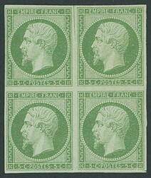 France. 'Empire non dentele' 1853-60. 5c. green block of four margins ...