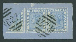 Gold Coast. 1876-84 1d. blue bisected diagonally used with two ...