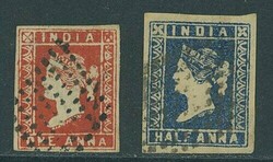 India. 1854 ½a. blue, Die II, with four large margins and 1a. deep ...