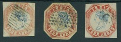 India. 1854 Four Annas. Three used examples, two cut-square (1st and ...