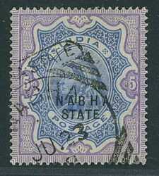 Indian Convention States. Nabha. 1885-1900 5r. ultramarine and violet ...