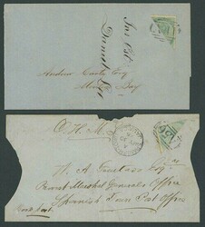 Jamaica. 1860-70 1d. bisected diagonally on two local covers, ...