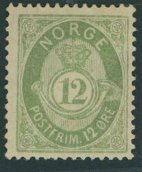 Norway. 1882-85 unshaded posthorn 12o. dull olive green, large part ...