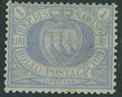 San Marino. 1894-99 1 Lira ultramarine, large part original gum. Fine ...
