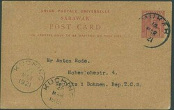 Sarawak. Postal History. 1921 4c postal stationery card addressed to ...