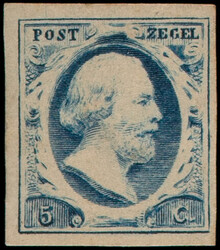 1c, 5ct donkerblauw, plaat I positie 61, vol- tot zeer breedrandig ...