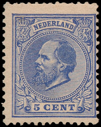 19, 5ct blauw, met grote blauwe inktvlek op achterhoofd, ongebruikt ...