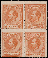 23CB4, 15ct oranjebruin Lt.13¼x14 kl.g., in ongebruikt blok van vier ...