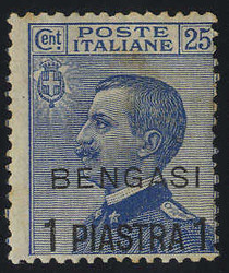 1911, Bengasi, 1 P. su 25 C. azzurro (U. + S. 2 / 110,-)