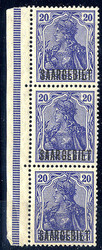 1920, 20 Pf blau im senkrechten Dreierstreifen mit linkem Rand, ...
