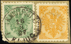 1895, Buchdruck, LZ 10 1/2, 2 Kr. gelb + 3 Kr. grün auf Briefstück, ...