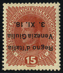 1918, 15 H. con soprastampa capovolta (S. 6a / 90,-)