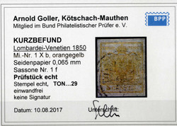 1850, 5 Cent. giallo arancio chiaro, carta seta, cert. Goller (Sass. ...