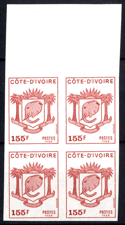 1986, Wappen, 155 Fr, ungezähnte Druckprobe, oberer Randblock, Mi. ...