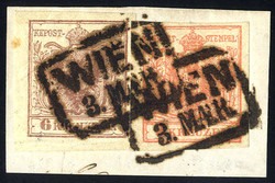 1850, 6 Kr. HPIc rostbraun + 3 Kr. HPI zusammen auf Briefstück (ANK ...