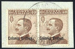 1916, 40 cent. bruno, coppia su frammento da Asmara 14.11.1921 (S. 38)