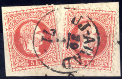 1867, "UJ - ARAD 19 / 1 / 71", Einkreisstempel auf zwei Stück 5 Kr. ...