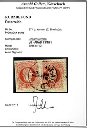 1867, "UJ - ARAD 19 / 1 / 71", Einkreisstempel auf zwei Stück 5 Kr. ...
