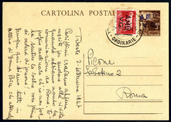 1947, cartolina postale 3 l. con soprastampa a mano in violetto con ...