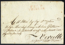 "Voghera", lettera con timbro P. 87. P./VOGHERE in rosso per Vercelli ...