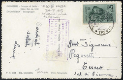 1945, Cartolina illustrata da Vigo di Fassa il 24.7. per Tesero ...