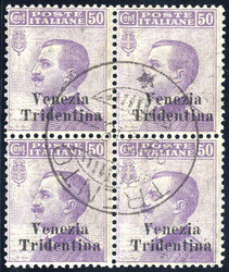 1918, 50 Cent. violetto, quartina usata, firm. Caffaz (S. 26 / 1200,-)