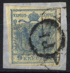P. P., 1850,, stummer Stempel von Triest als Zweitentwertung auf 9 Kr ...