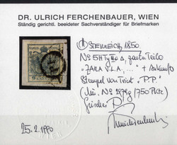 P. P., 1850,, stummer Stempel von Triest als Zweitentwertung auf 9 Kr ...
