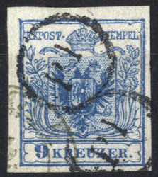 P. P., 1850, zwei stumme Stempel von Triest als Zweitentwertung auf 9 ...