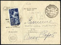 1947-48, III Periodo Tariffario, ricevuta di ritorno, affrancata con ...